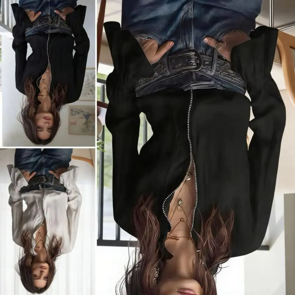 

Женская блузка на молнии с воротником-стойкой, винтажная, с рюшами на рукавах, длинными рукавами, в стиле ретро, повседневная