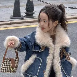 Winter New Children's Denim Parkas Nature Big For Fur Collar Design Thicker Warm Fur Coat Girls Down Jacket