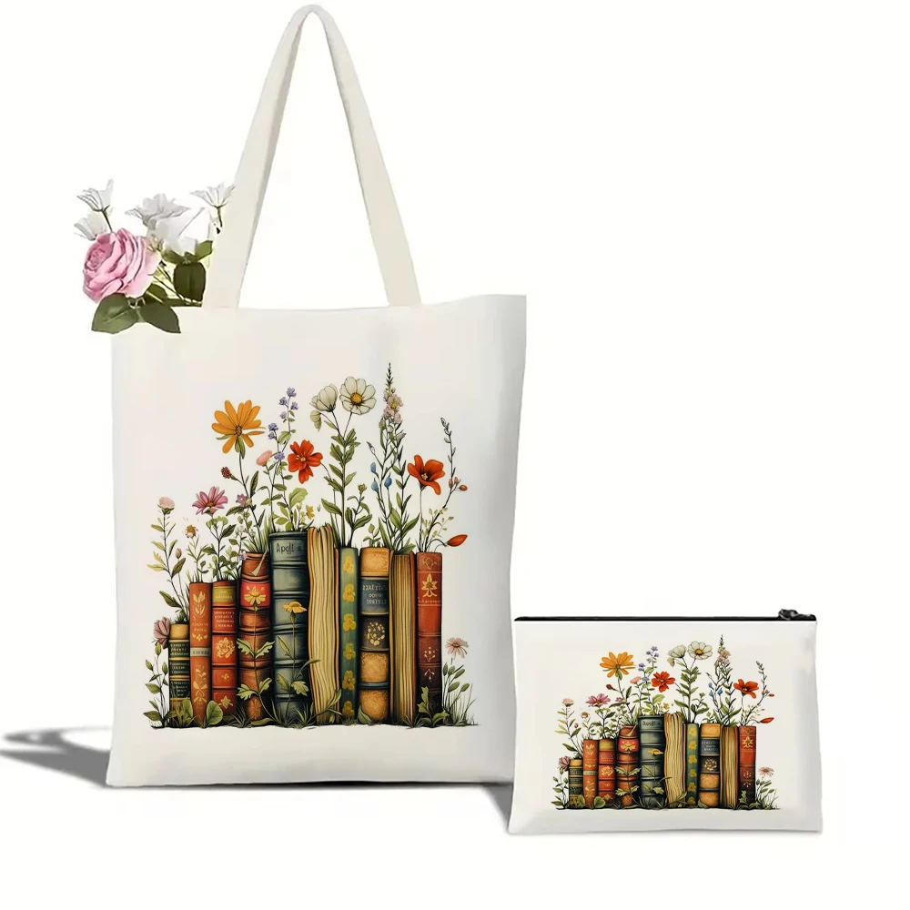

Large Capacity Shopping Bags Flower and Books Pattern Ote Bag Harajuku Cartoon Female Shoulder Handbag Eco Girl Handbags