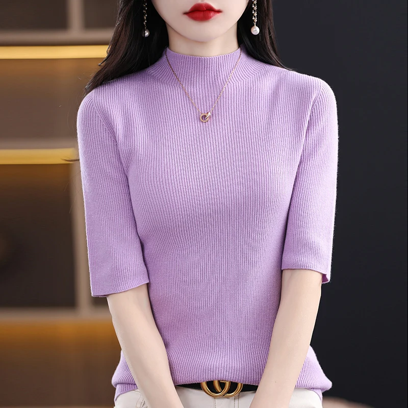 Spring Summer New Women Half Sleeve Sweater Half-high Collar Slim Wool Cotton Blend Pullover T-shirt Casual Knitted Base Tops