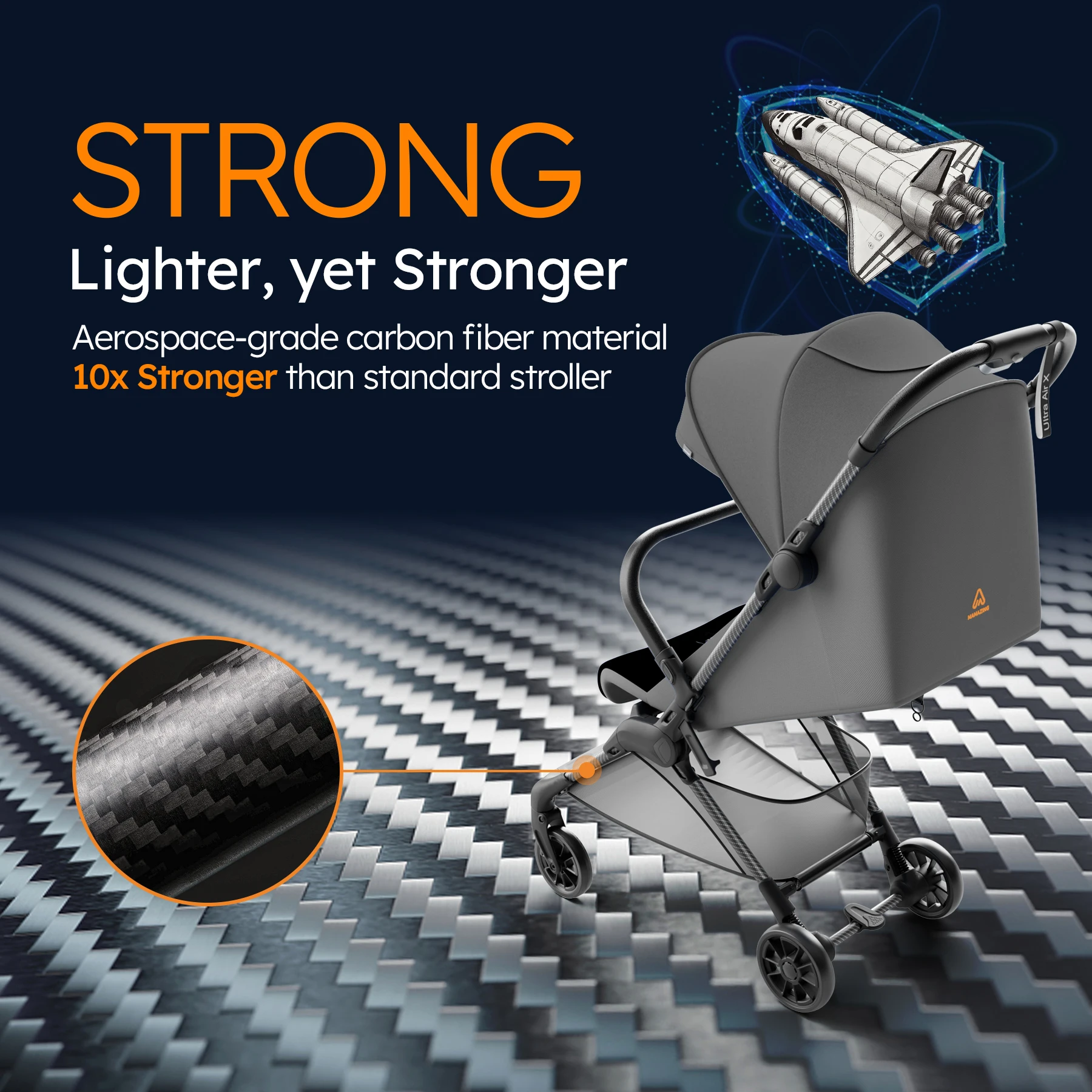 

Ultra Lightweight Baby Stroller for Travel 9.9lbs Carbon Fiber Frame with UPF50+ Canopy & Safety Belt (BLACK)