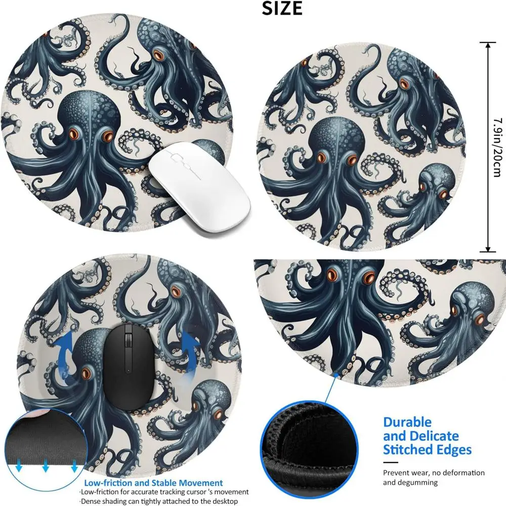 

Round Octopus Design Mouse Pad, 8 Comfortable Gaming Surface with Stitched Edges, Non-Slip Rubber Base, Waterproof Computer Mous