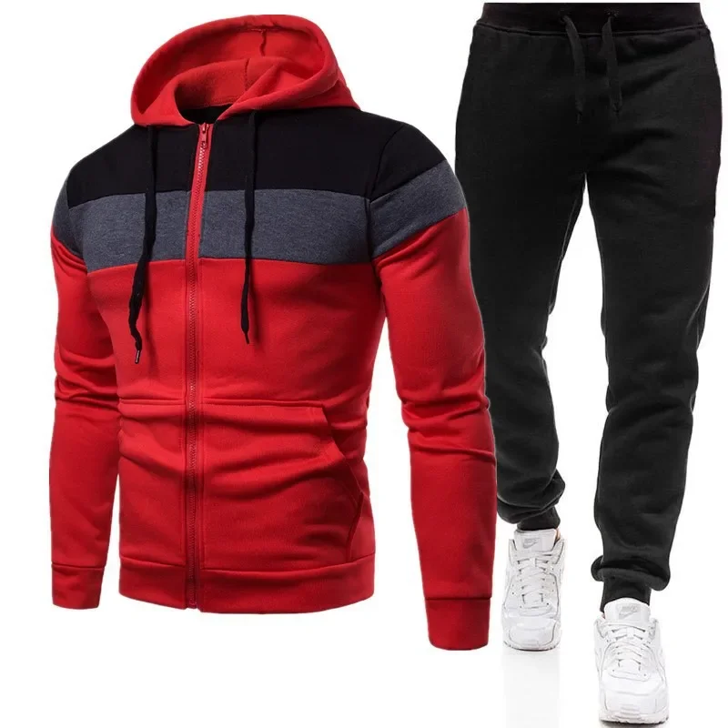 

025 Spring and Autumn Men's Zipper Hooded Sweatshirt and Pants Two Piece Set Casual Sportswear Trendy Brand Running Sports Set