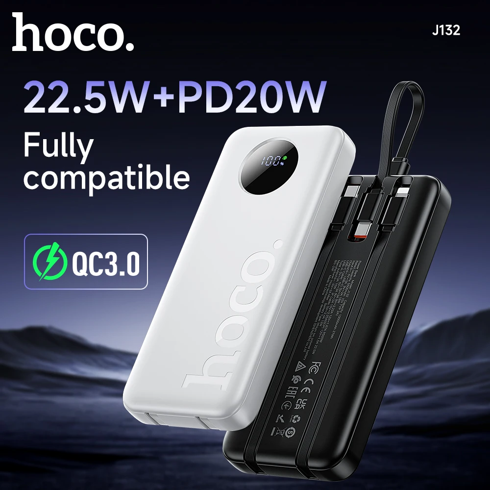 

HOCO 22.5W PD20W Fast Charging Power Bank with 3 Cables 10000mAh Portable Extra Battery with LED Digital Display Phone Tablets