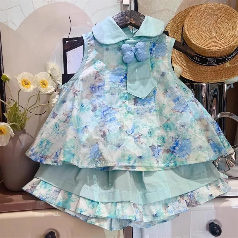 

TOY-Girls Summer Floral Shirt Sleeveless Suit2025New Style Children's Sweet and Stylish Refreshing Shorts Two-Piece Set