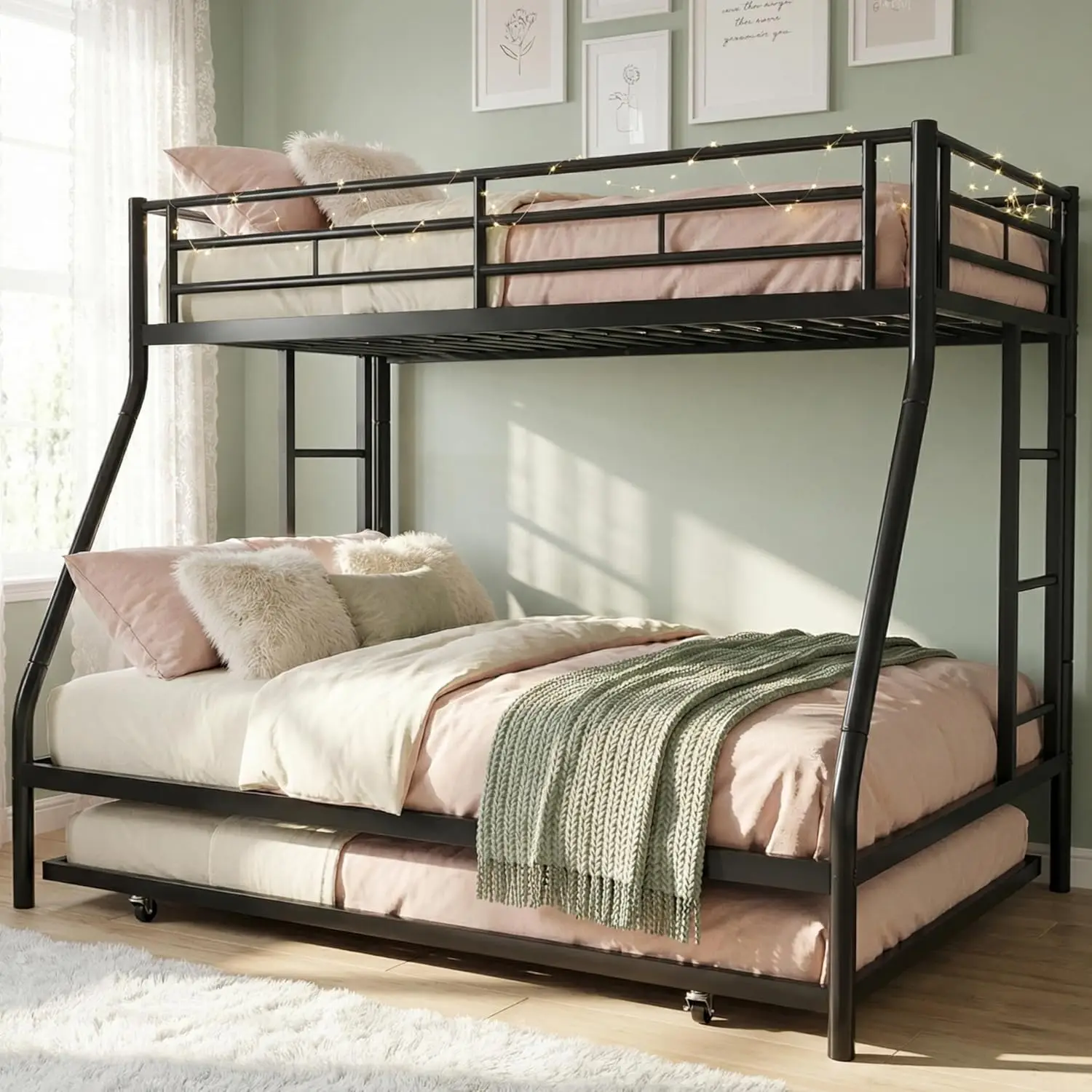 Twin Over Full Metal Bunk Bed Frame with Pull Out Trundle Bed, Dual Secure Access Ladders & Full Surround Safety Guardrails, Noise Resistant Space Saving Bed Frame for Small Bedroom, Black Powder Coated Steel Construction
