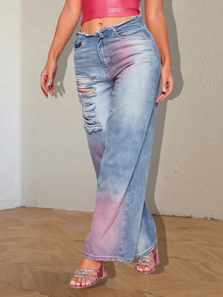2025 nuovi jeans da donna larghi, in difficoltà, tinti in cravatta, strappati a gamba dritta, pantaloni lunghi, jeans casual