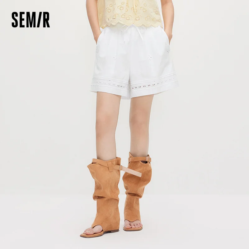 White Embroidered Casual Loose Pants for Women