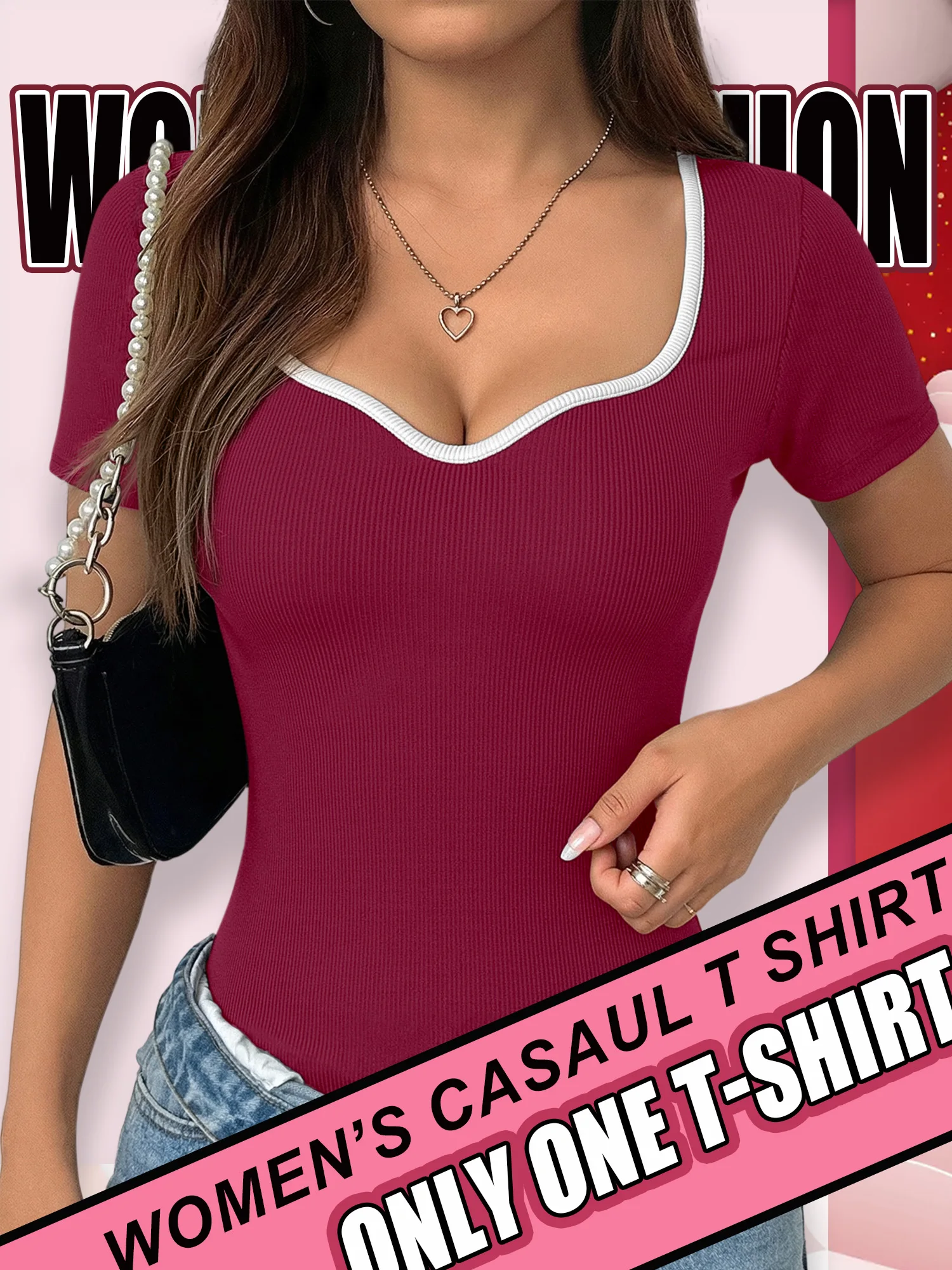 Chic Casual Rib Knit T‑Shirt, Piping‑Trim Curved Neck Blouse for After‑Work Hangouts & Grocery Runs