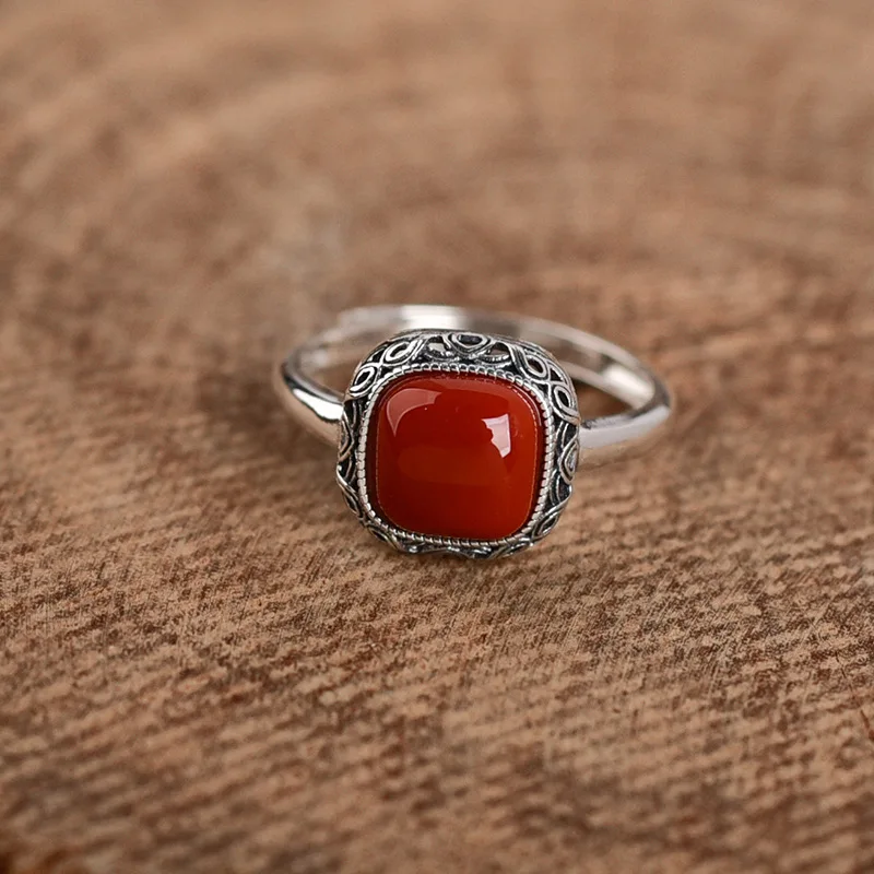 

Simple Retro square green ring South Red Tourmaline rings for women silver 925 Hollow out Adjustable Charms Jewelry Gift