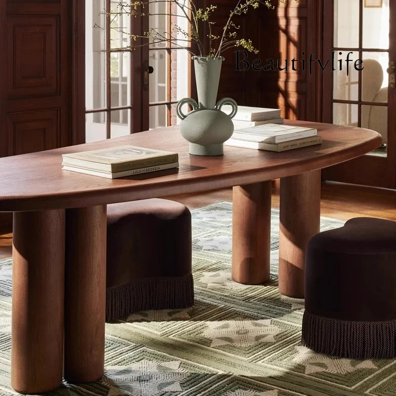 

BJ Solid Wood Dining Table French Medieval Wabi Oak Log Table Household Simple Designer Oval Desk