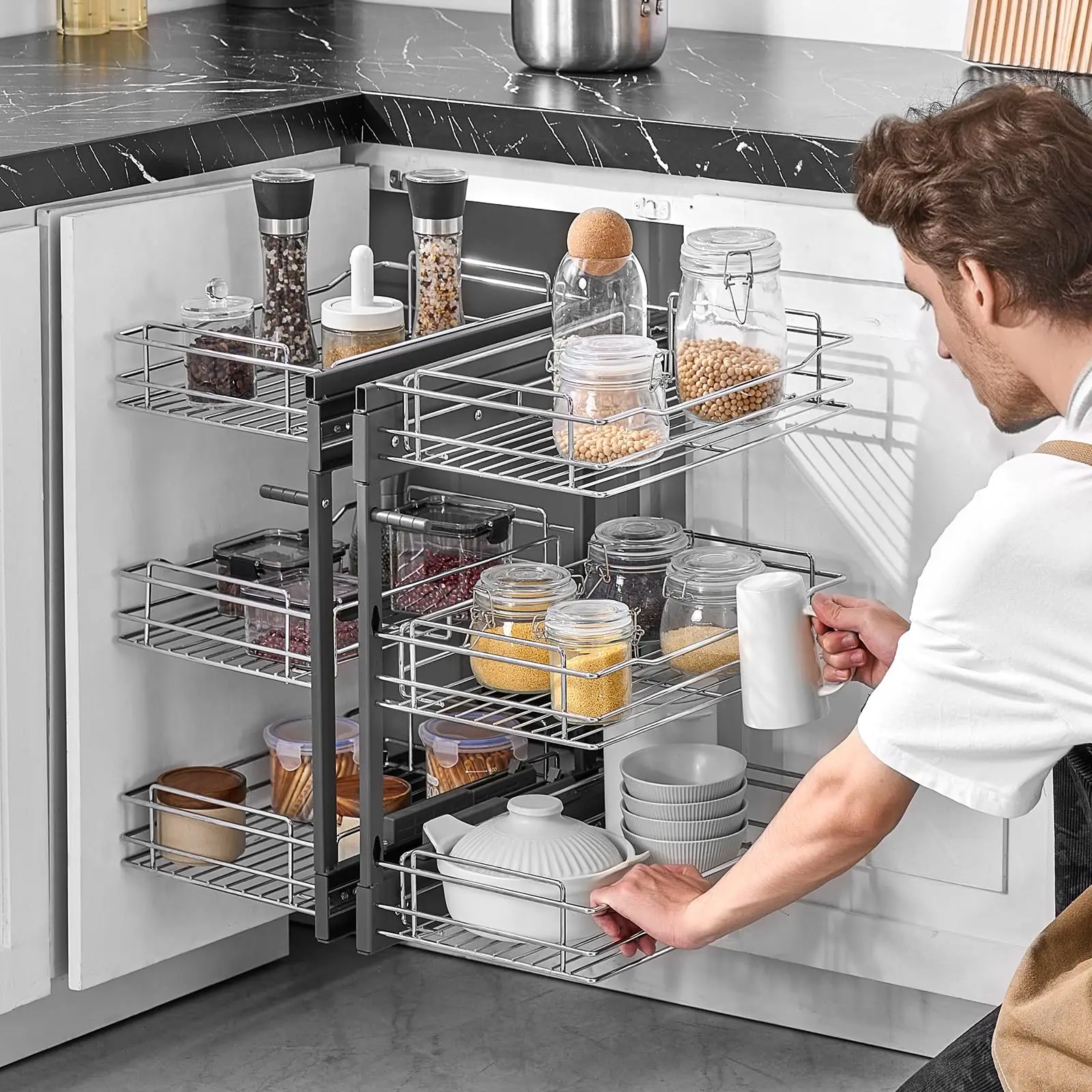 3 Tier 6 Shelf Chrome Carbon Steel Kitchen Cabinet Organizer, Slide Out Storage, Space Saving, Silver, For 15