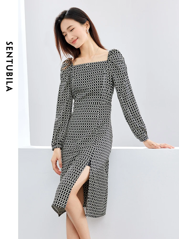 SENTUBILA Colletto Quadrato Pianura Abiti Stampati per Le Donne 2024 Primavera Autunno Moda Manica a Soffio Abito Smocked Vestiti 141L53178X