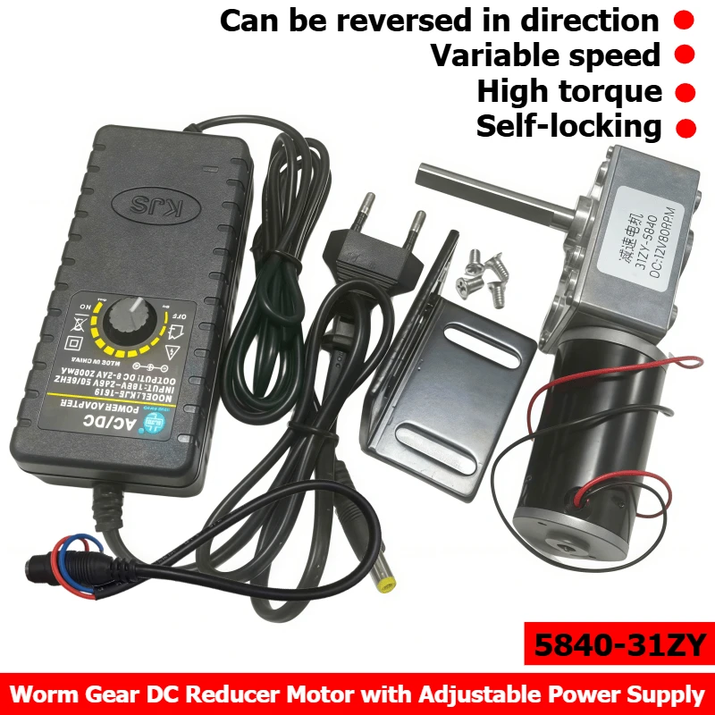 5840-31ZY Long Shaft Worm Gear Worm Drive High-torque Motor 12V/24V with Power Cord, Adjustable Power Supply, Bracket