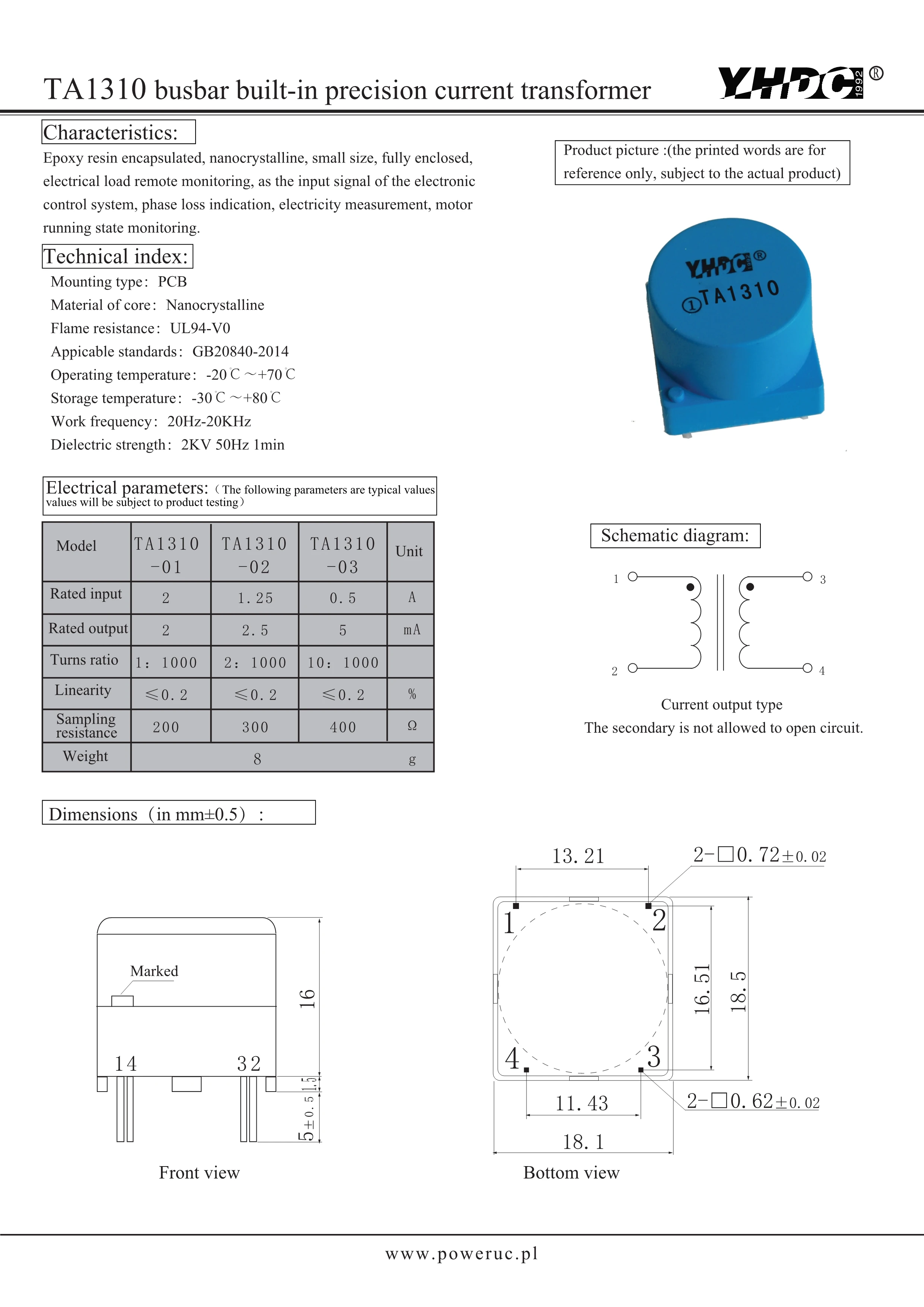 YHDC TA1310-01/02/03 Input 2A/1.25A/0.5A Output 2mA/2.5mA/5mA PCB Welding Primary Core Built-in Type Current Transformer