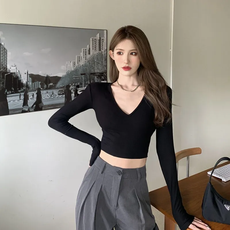 New Autumns V-neck Sexy T-shirt Women Slim Kpop Y2K Long Sleeve Crop Tops Woman Skinny Black Korean Fashion Japanese Clothes