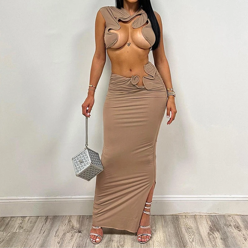 Summer Chic Irregular Crop Tank Tops+Ruched Maxi Skirts Sexy 2 Piece Sets For Women Elastic Matching Clubwear Suits Streetwear