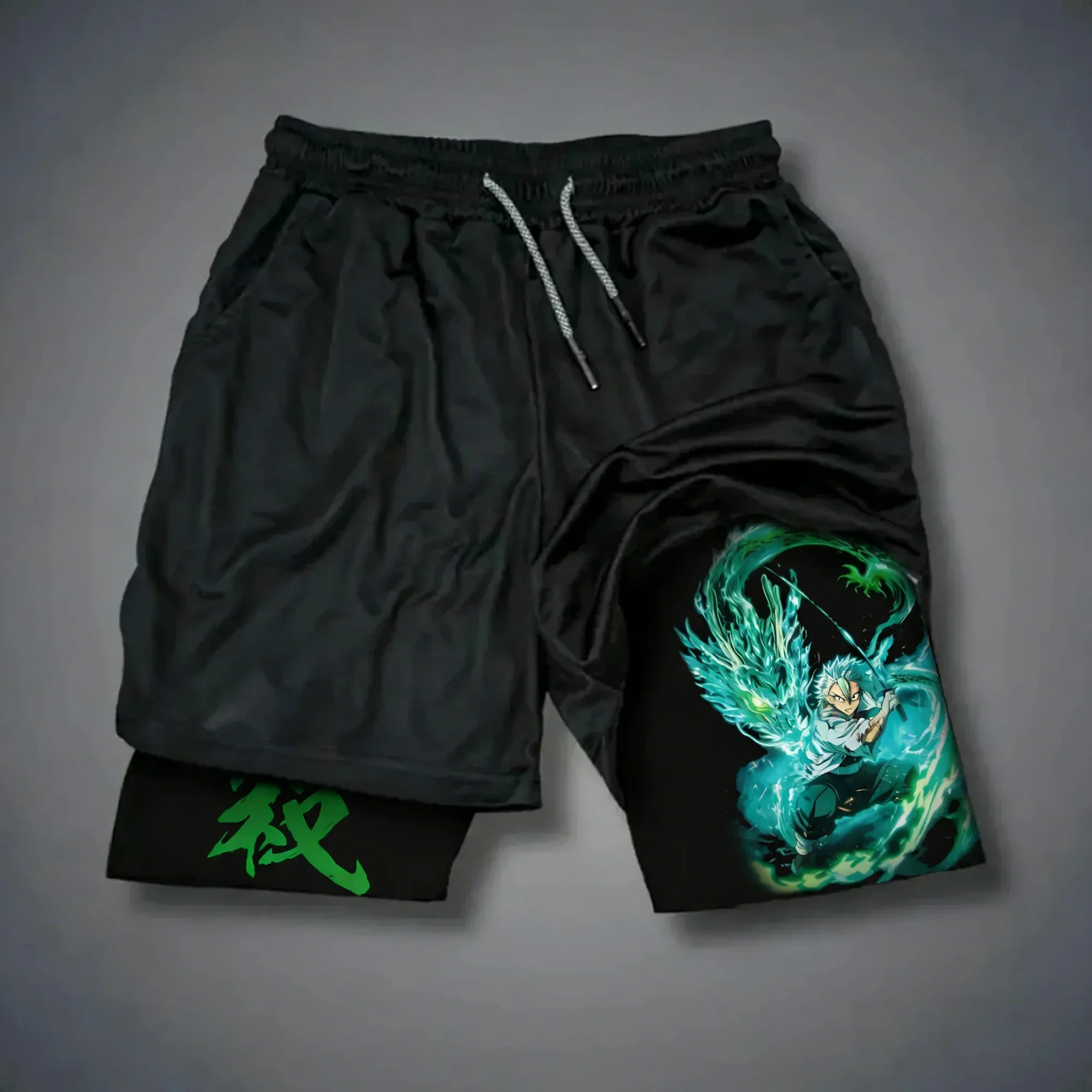 Demon Slayer Anime Shinazugawa Sanemi bedruckte Shorts für Herren, Sommer, Fitness, Übung, atmungsaktiv, schnell trocknend, 2-in-1-Shorts