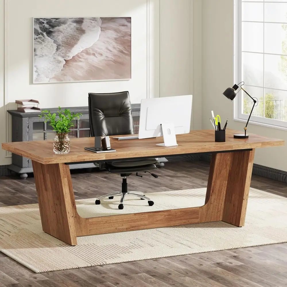 

70.87-Inch Executive Computer Desk: Large Home Oice Desk with Solid Wooden Pedestal, Industrial Wood Study Writing Table, Workst