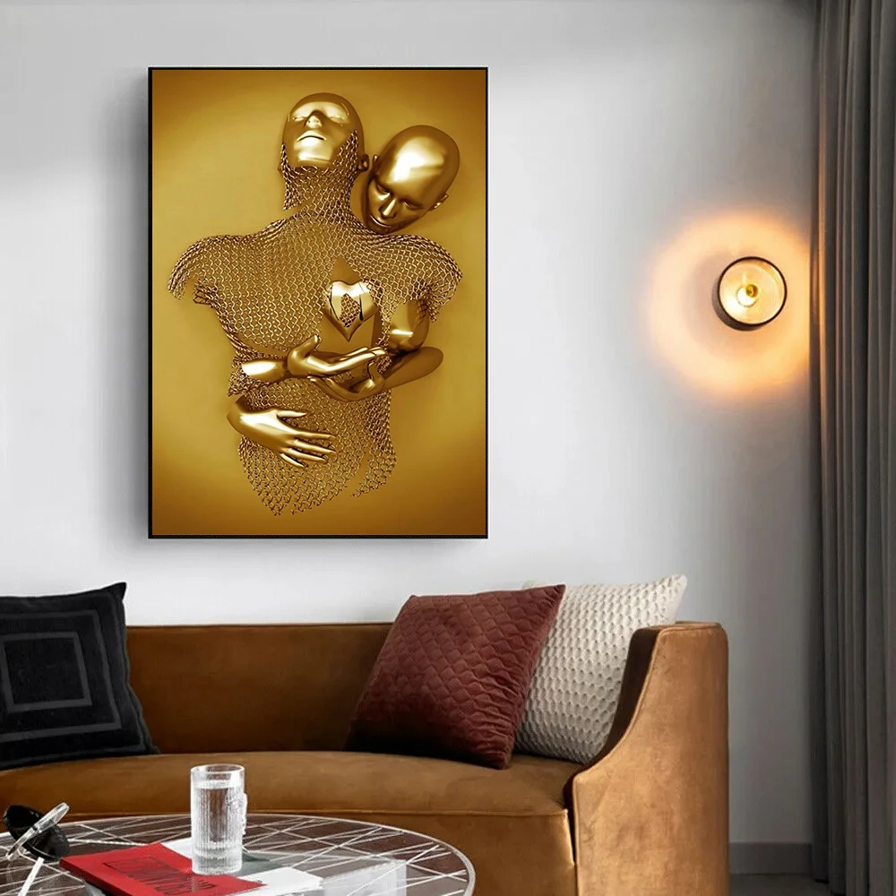 Nowoczesna metalowa figurka posąg obraz ścienny na płótnie plakat abstrakcyjna romantyczna para wystrój pokoju obraz Mural wydrukowana grafika