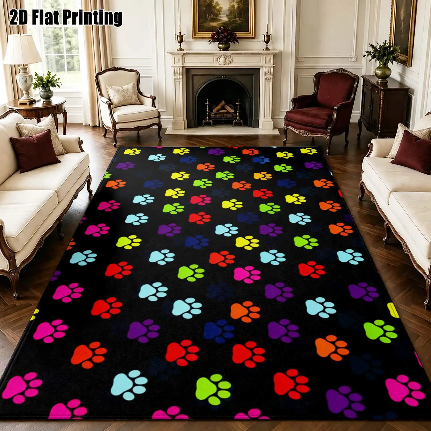 1Pc 2D Printed Colorful Paw Print Nordic/Instagram-Style Carpet, Modern Minimalist Vintage Floor Mat, Multi-Size, Machine-Washable, Home Decor for Entrance/Dining/Foyer/Bedroom/Living Room