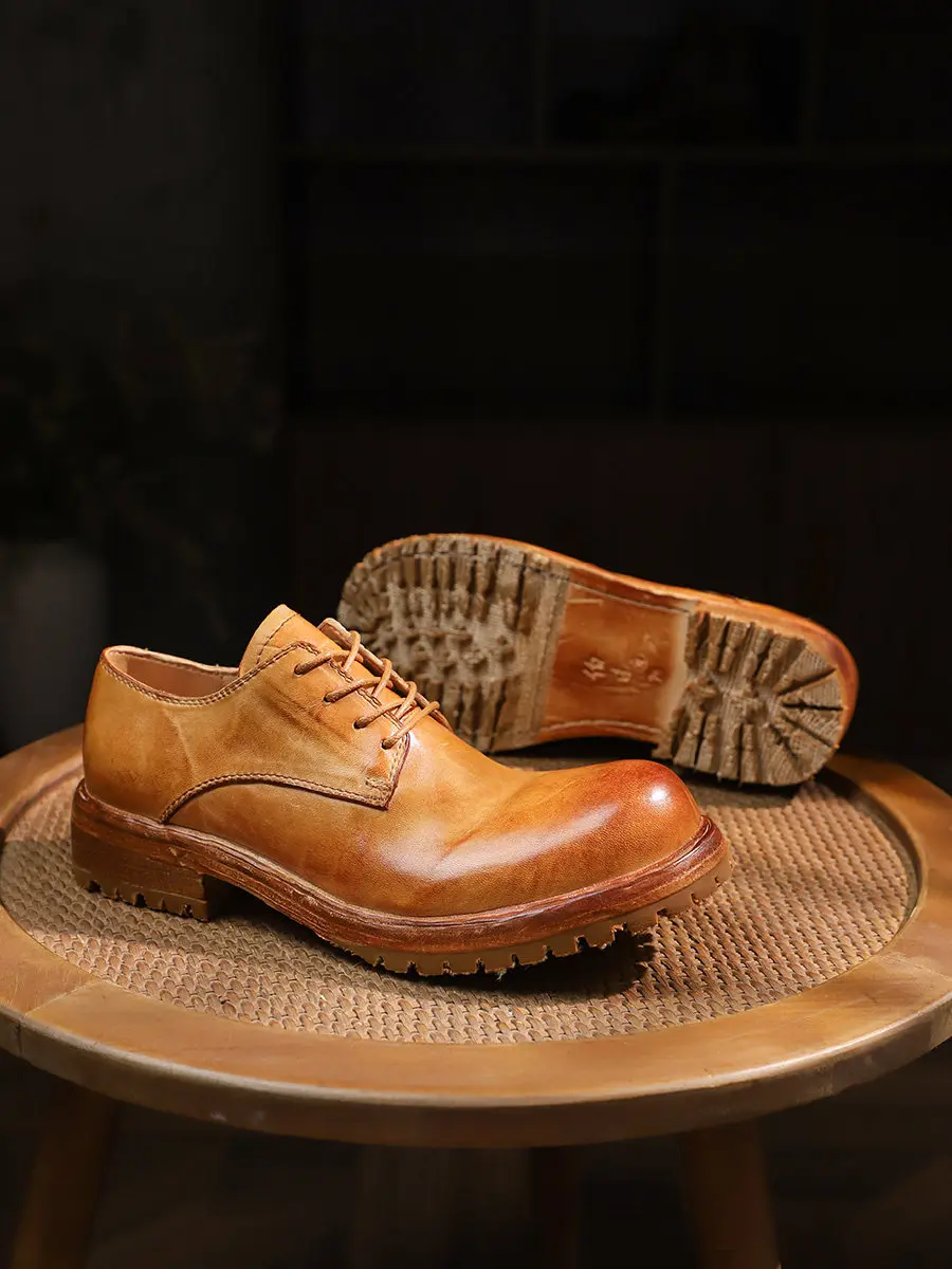 

Men's Washed Horse Leather Shoes Handmade Derby Leather Shoes Low-top Business Casual Leather Shoes Round Toe Goodyear Platform