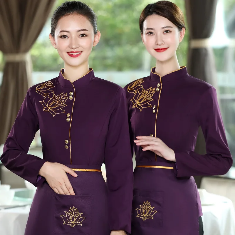 Embroidered Lotus Chinese Style Waiter Workwear Long Sleeve Women's Autumn and Winter Clothing Tea House Western Restaurant Cate