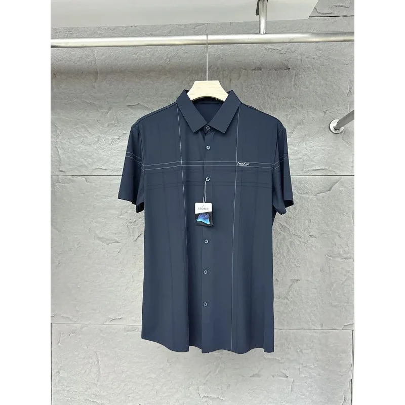 Men Summer High Stretch Seamless Glued Craft Grid Line Short Sleeve Business Casual Shirt Tops S-4XL