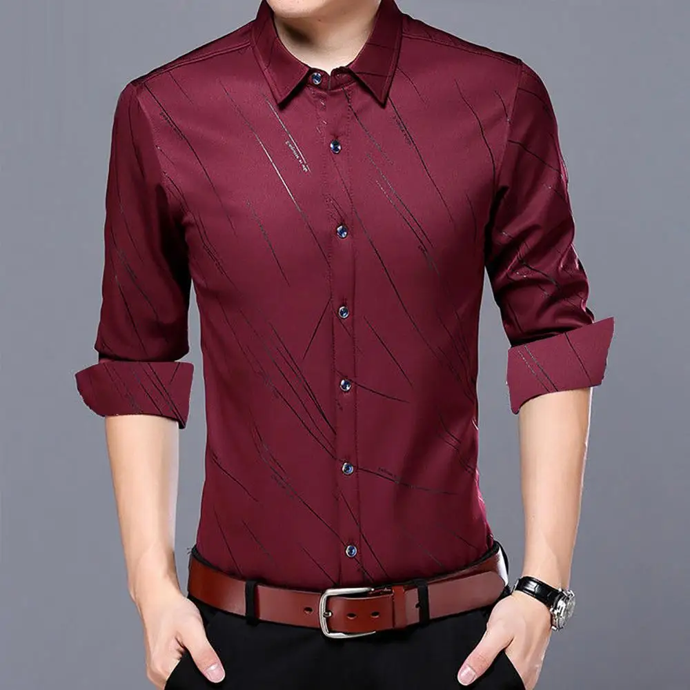 High End Men Business Shirt Long Sleeve Turn Down Collar Letters/Stripes Print Long-sleeved Buttons Shirt Casual Men's Shirt Top