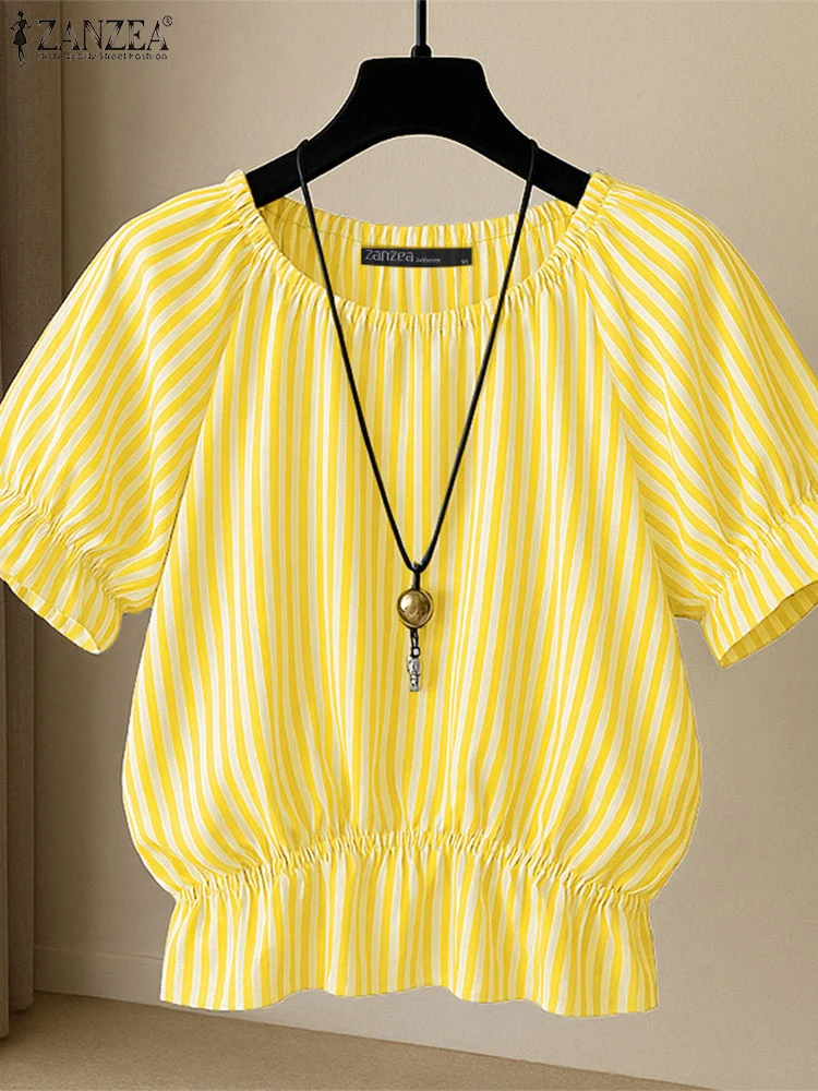 

2025 стильные полосатые блузки ZANZEA, женские летние туники, топы, повседневные рабочие рубашки с круглым вырезом и короткими пышными рукавами, праздничные блузки с рюшами