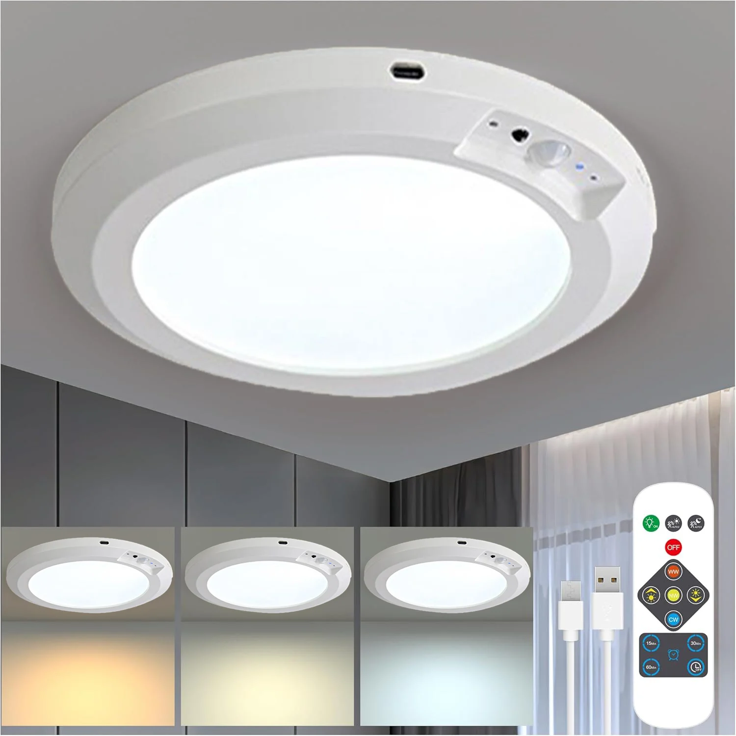 

PIR Motion Sensor LED Ceiling Lights Battery Operated Wireless Remote Control Night Light For Entrance Balcony Dimmable Timer