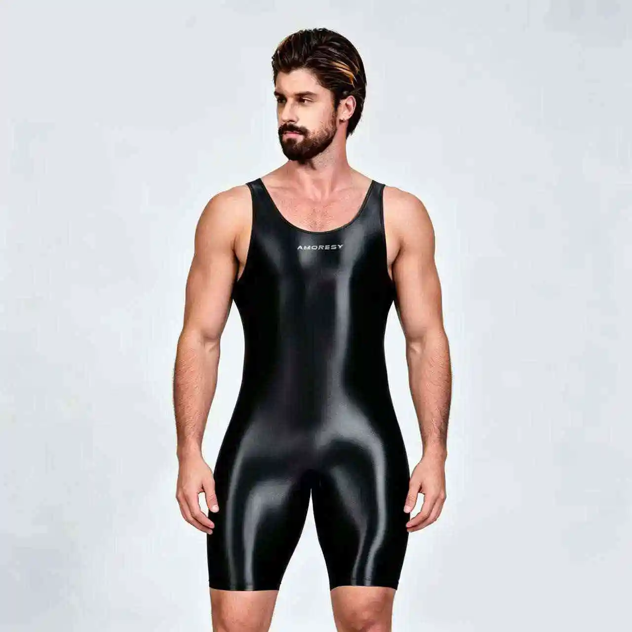 AMORESY Satin-glatter Herren-Jumpsuit, seidenglatter Surfanzug, Yoga-Sportbekleidung, Weste, fünfteiliger Jumpsuit – Detail 16