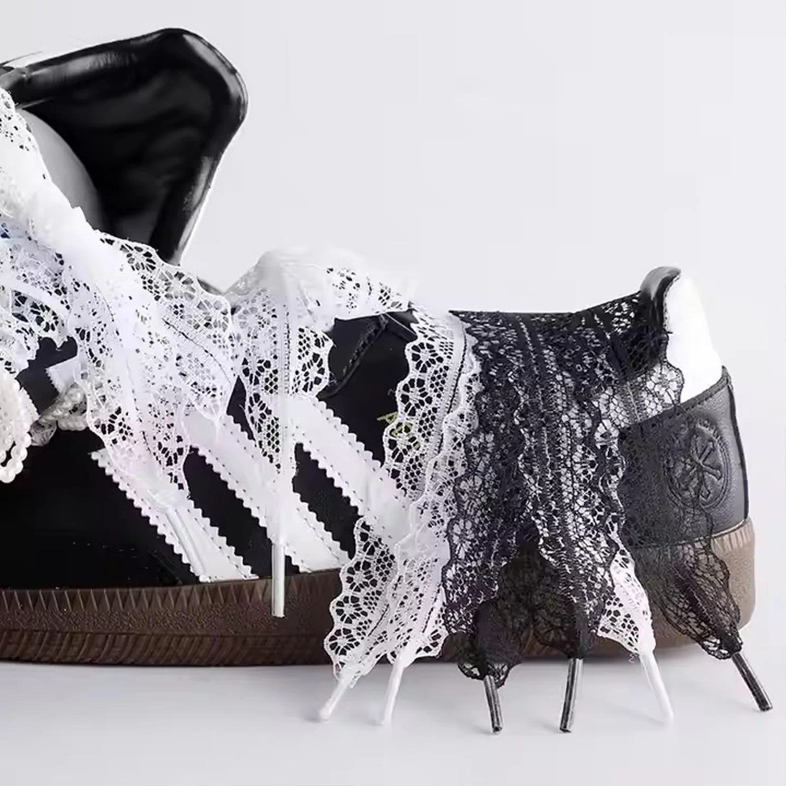 2Pcs Lace Braided Shoelaces 29mm Width Fancy Flat Shoelace Black White Silk Shoe Laces for Ballet Sneakers German Training Shoes