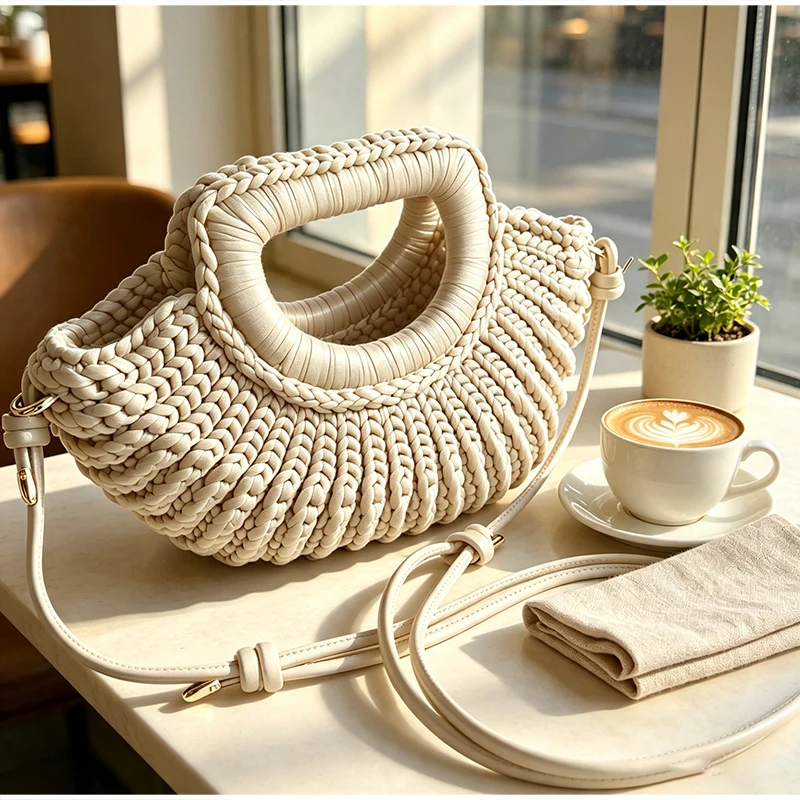 Gestrickte Garn-Umhängetasche, Einfarbige Damen-Handtasche, Schlichte Casual-Strandtasche für den Urlaub am Meer – Detail 4