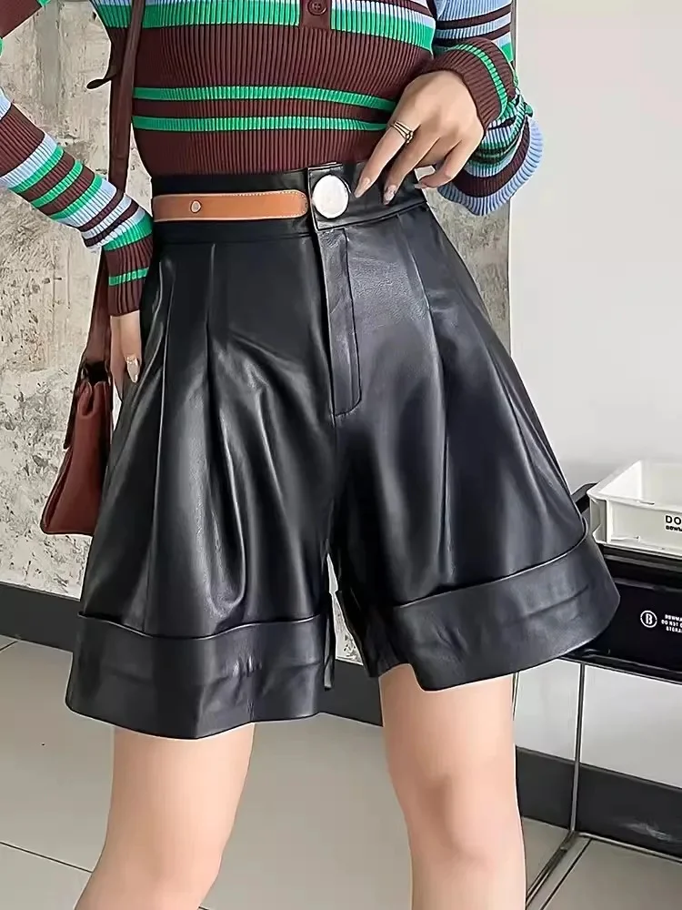 Summer Spring Women Black Cowhide Genuine Leather Fashion Streetwear Female High Waist Wilde Leg Casual Shorts Size 4XL