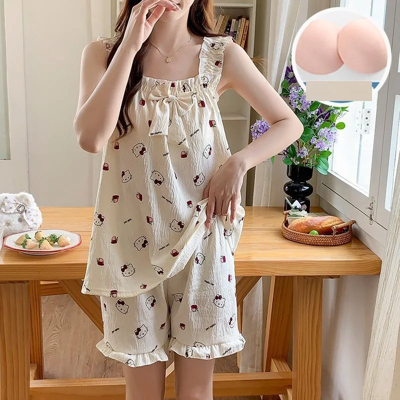Sanrio Hello Kitty Sling Pajamas Women's Pijama Shorts Sleeveless Sleepwear Summer Pyjamas Kawaii Cartoon Negligee Home Clothes