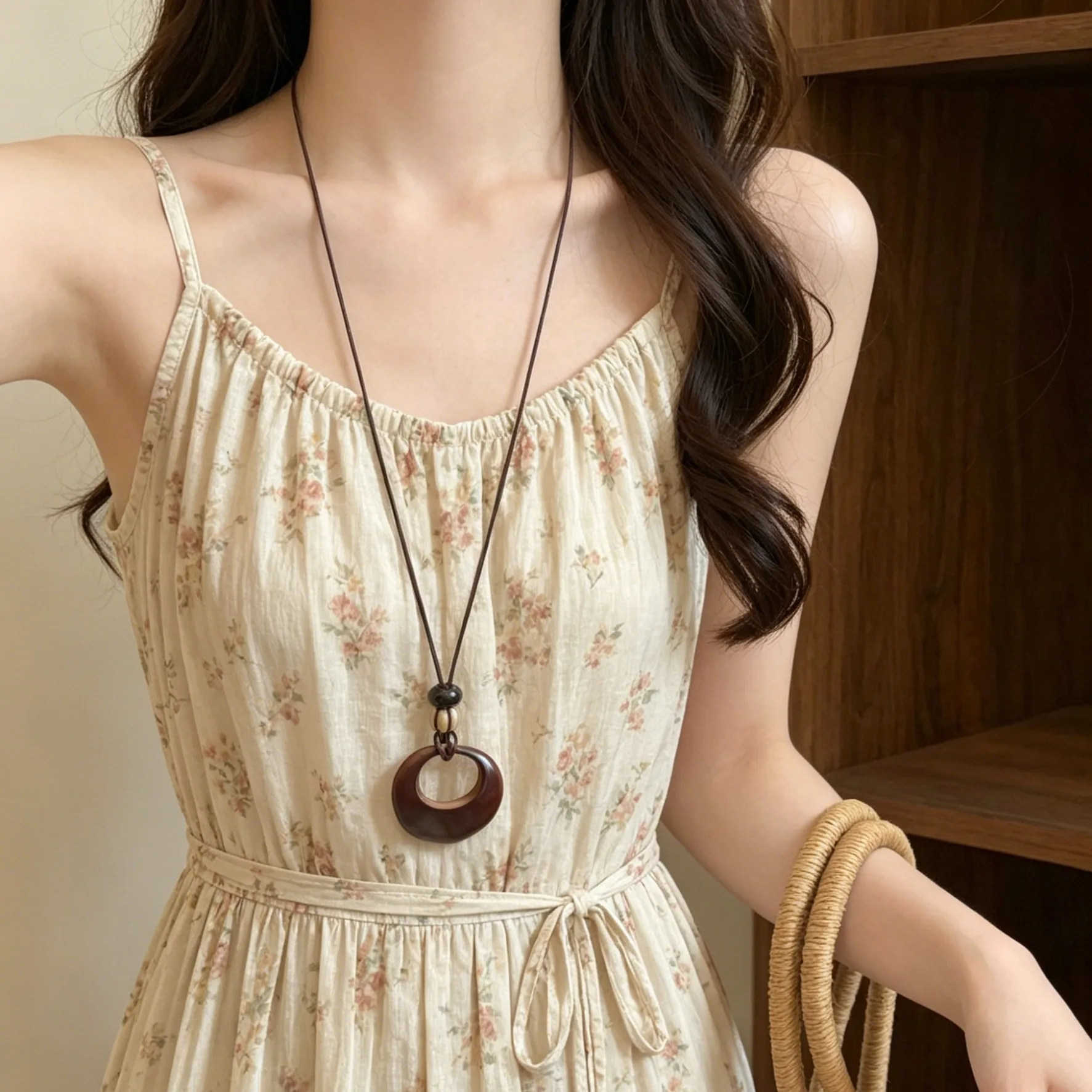 Trendy Vintage Brown Sea Star Wooden Geometric Pendant Necklaces For Women Long Adjustable Rope Sweater Chain Boho Neck Jewelry - view 4