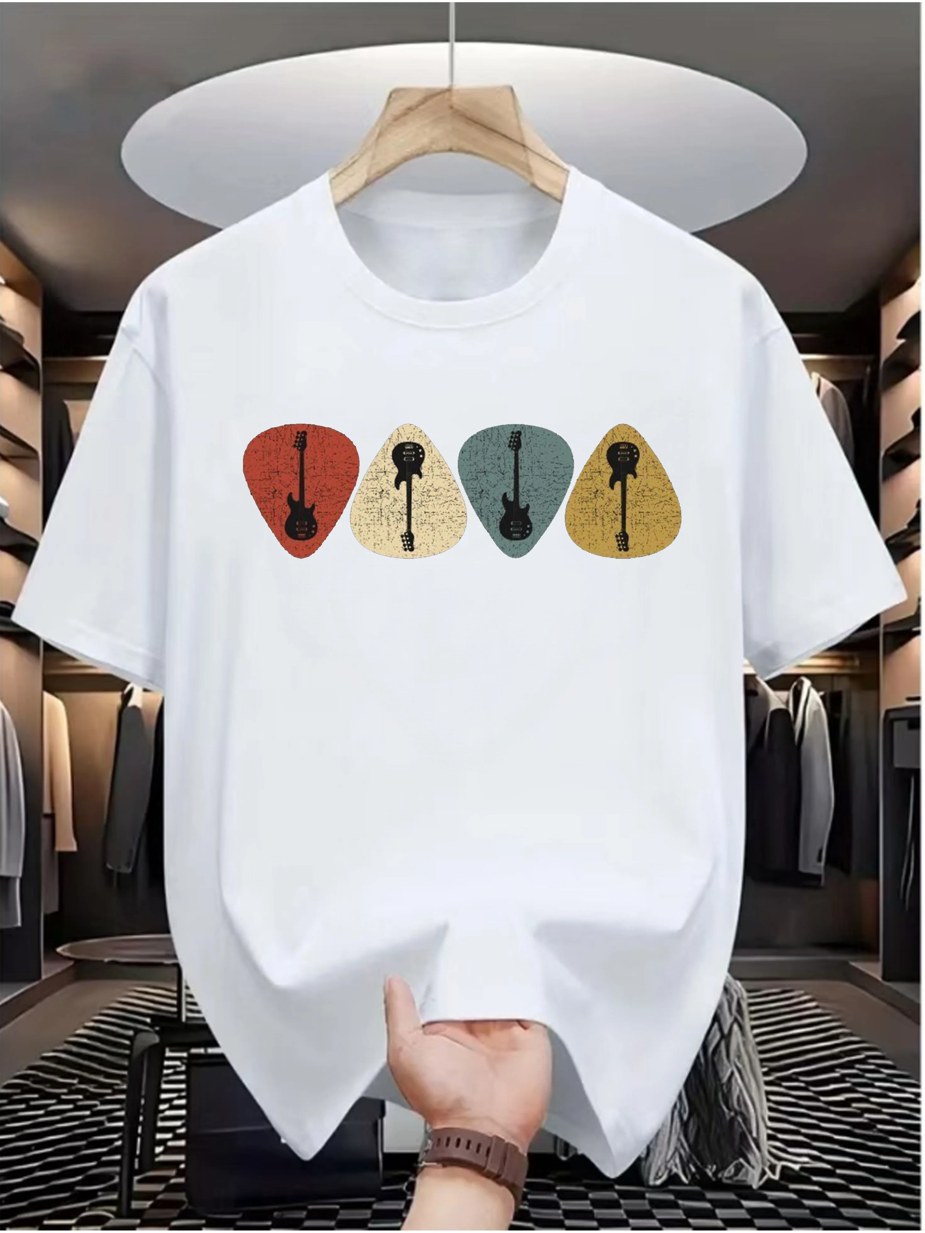 Men's Colorful Guitar Pick Patterns T-shirt Soft and Breathable Cotton Casual Short Sleeve Streetwear Oversized Loose Casual