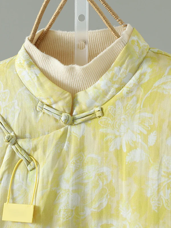 เสื้อโค้ทผ้าไหมผสมฝ้ายสไตล์จีนใหม่สำหรับผู้หญิง  แบบติดกระดุมด้านข้าง คอตั้ง ลายพิมพ์  สำหรับฤดูหนาว