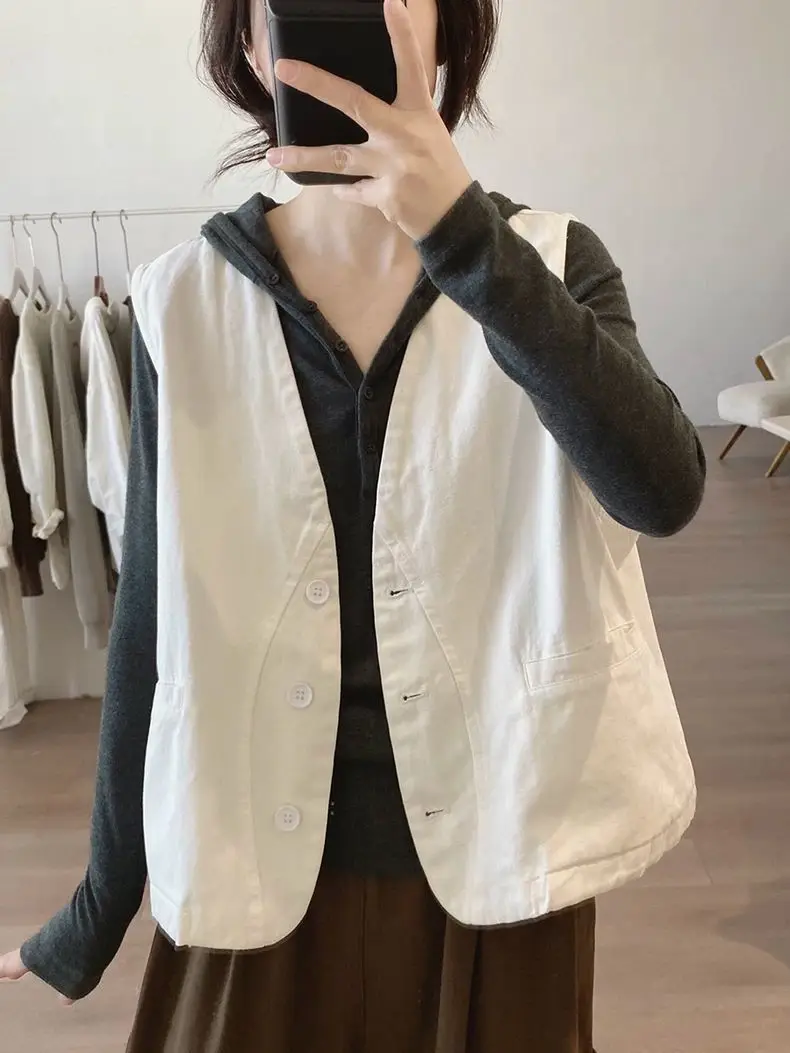 

Cotton Vest Jacket For Women's Spring And Autumn New Loose V-neck Minimalist Design Workwear Vest