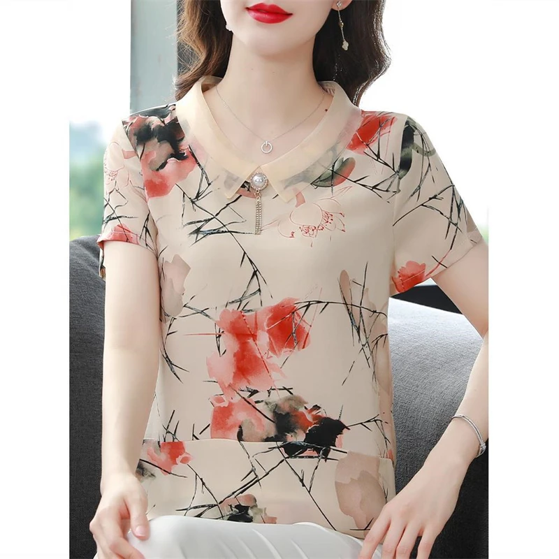 Blusa feminina com estampa floral frisada, camisa elegante de manga curta, blusa feminina solta chique, moda casual, verão, nova, 2024