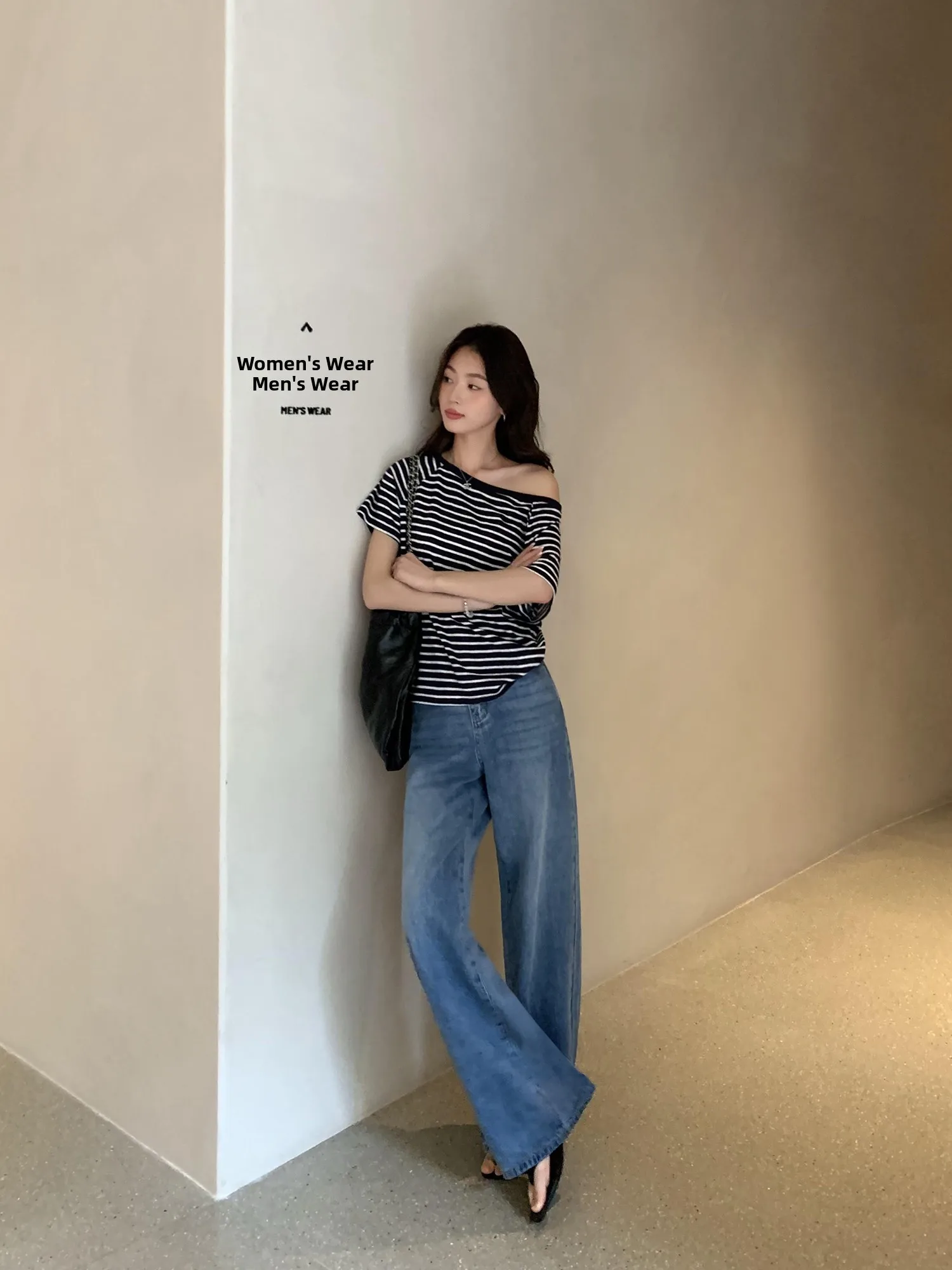 Pusumede Striped Control BI Shoulder Short Sleeve Women's Loose Casual Design Sense Elegance Shoulder Exposure Top