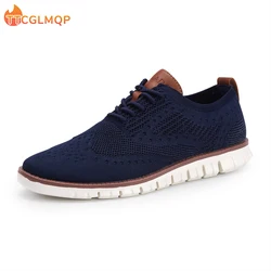 zapatos planos de malla de punto transpirables para hombre, calzado ligero de vestir británico con cordones, calado a la moda, novedad de verano