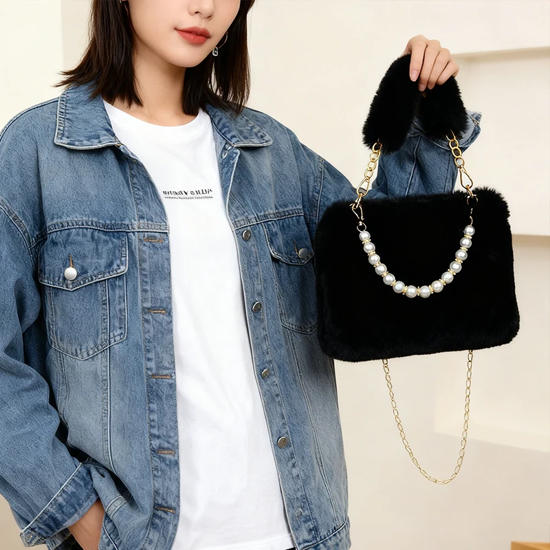 Modische Perle Kaninchenfell Handtasche Damen Umhängetasche Kette Design Winter Kleine vielseitige Umhängetasche – Detail 14