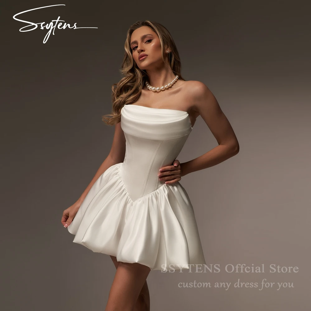 SSYTENS Vintage Satin robes de soirée de mariage sans bretelles courte une ligne ivoire à lacets dos robes Para Mujer robe de mariée personnalisée