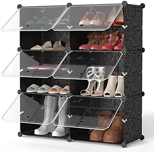 

6 Cube 12 Tiers DIY Shoe Rack, Portable Shoe Organizer with Doors, Multiuse Modular Closet Plastic Cabinet with Removable Shelv