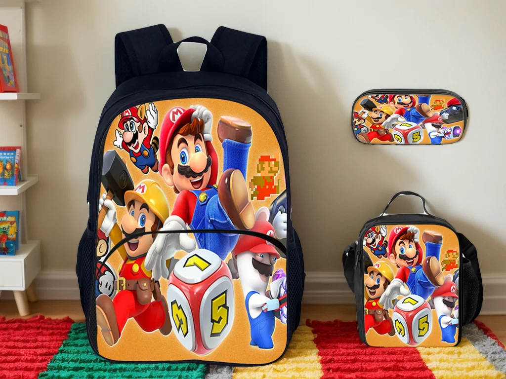 HOT Super Mario Trendy Student Backpack 3Pcs Set-Cartoon Large Rucksack and Waterproof Lunch Tote Pencil Box for Unisex Kid