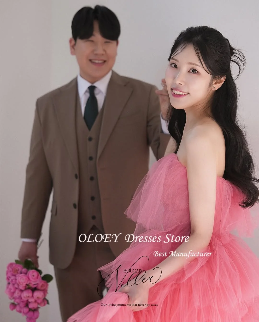 OLOEY Tiered Tulle Korea Wedding Dresses Customized A-line Pink Reception Dress Bridal Gown Photo Shoot Evening Dresses