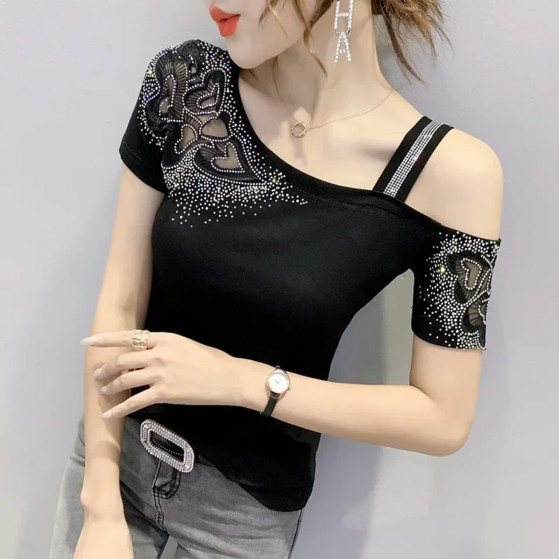 Luxury Off Shoulder T-shirt Women Black White Red Sexy Tees Shiny Diamond Hollow Out Slim Tops Summer Short Sleeve Jackets Chic