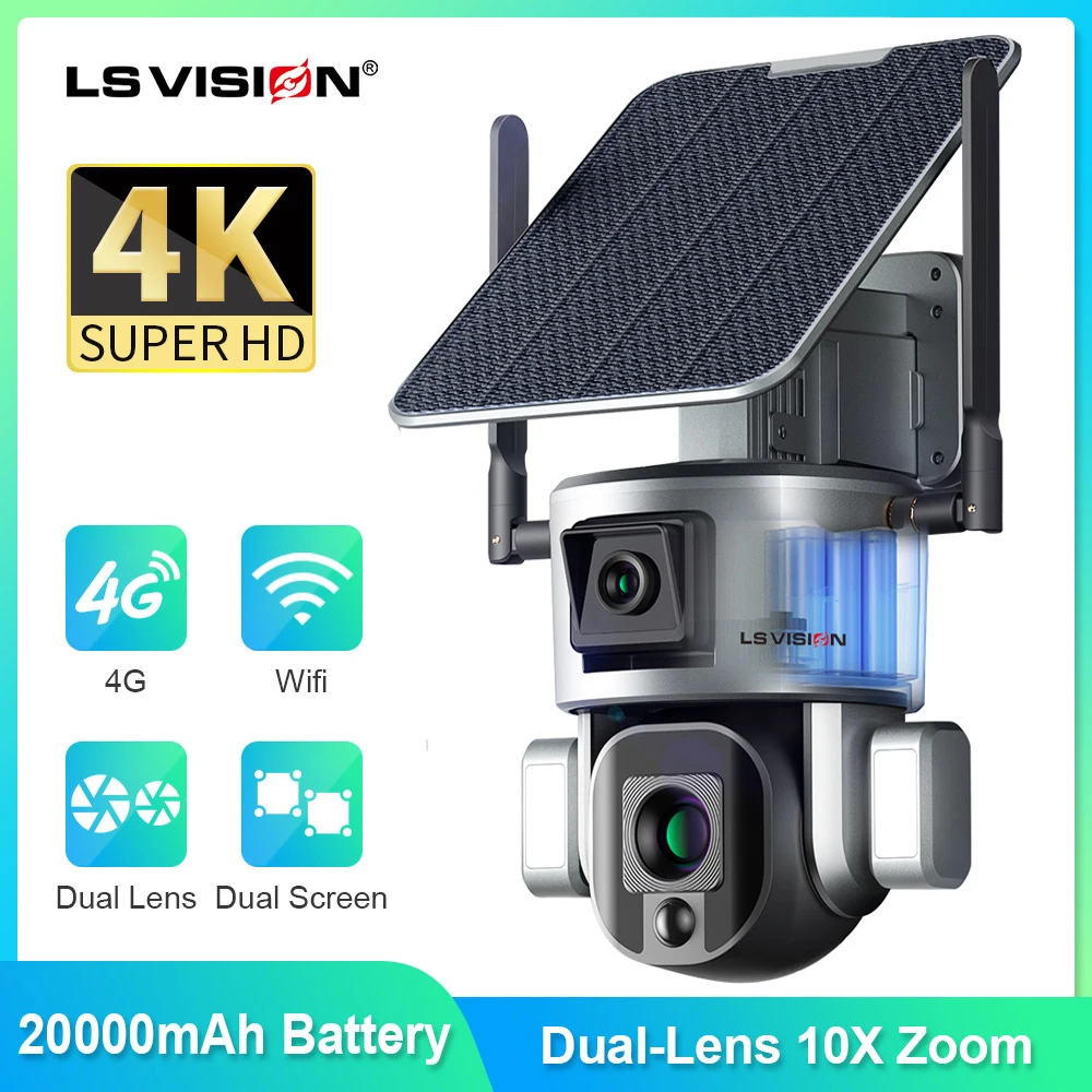 LS VISION 4K 8MP Dual Lens Solar Camera 10X/4X Zoom 4G SIM/WIFI Security Outdoor Camera Humanoid Tracking Color Night Vision Cam